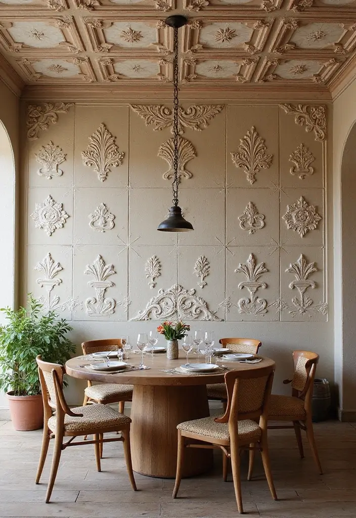 28+ Dining Room Wall Decor Ideas for Elegant Meals - 20. Rustic Ceiling Tiles