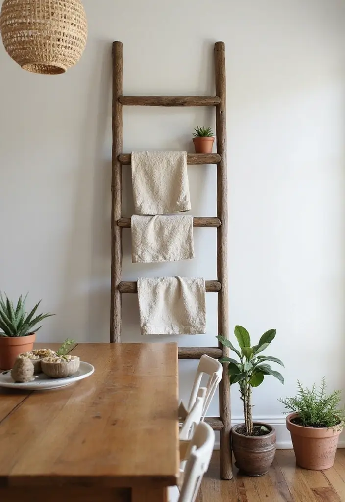 28+ Dining Room Wall Decor Ideas for Elegant Meals - 27. Rustic Ladder Display