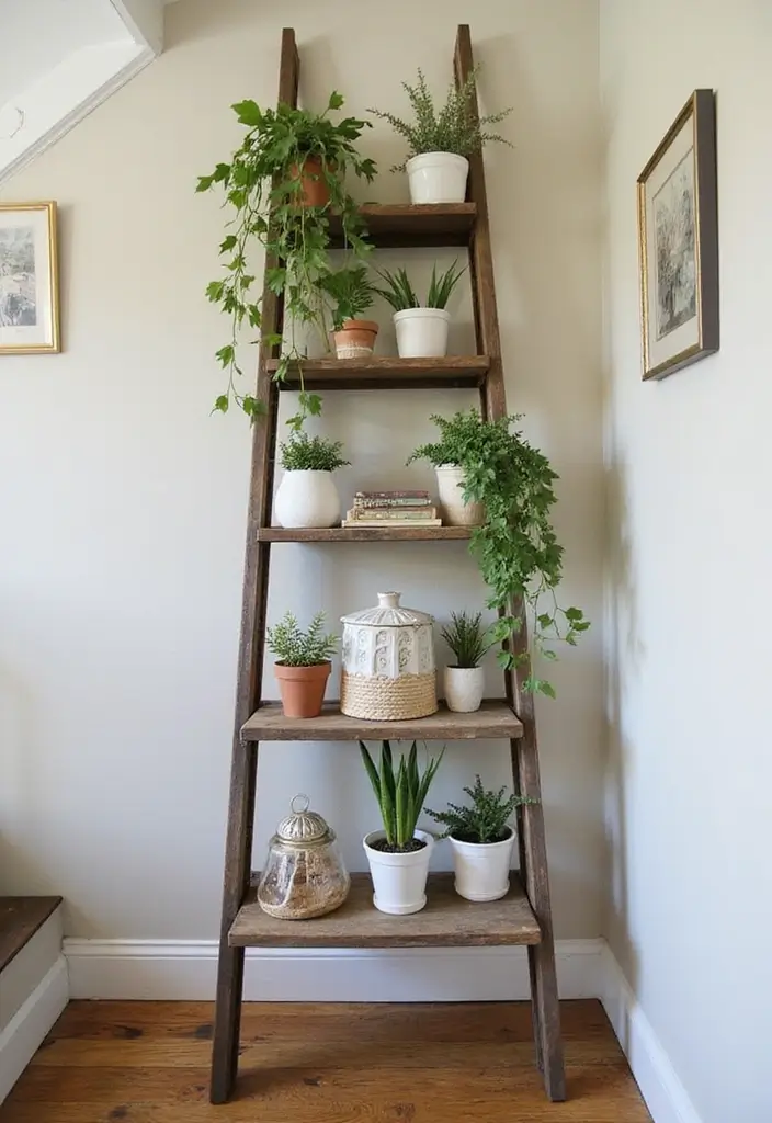 28+ Staircase Wall Designs That Make a Statement - 12. Vintage Ladder Display