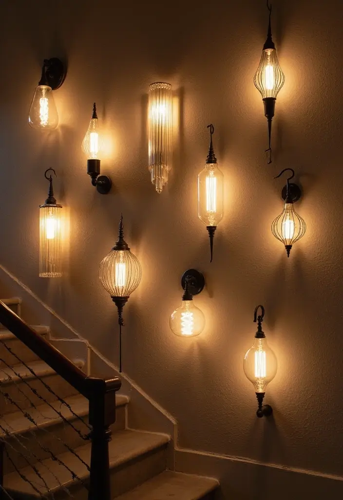 28+ Staircase Wall Designs That Make a Statement - 18. Unique Lighting Fixtures