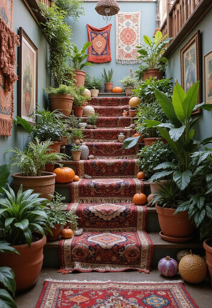 28+ Staircase Wall Designs That Make a Statement - 21. Bohemian Vibes
