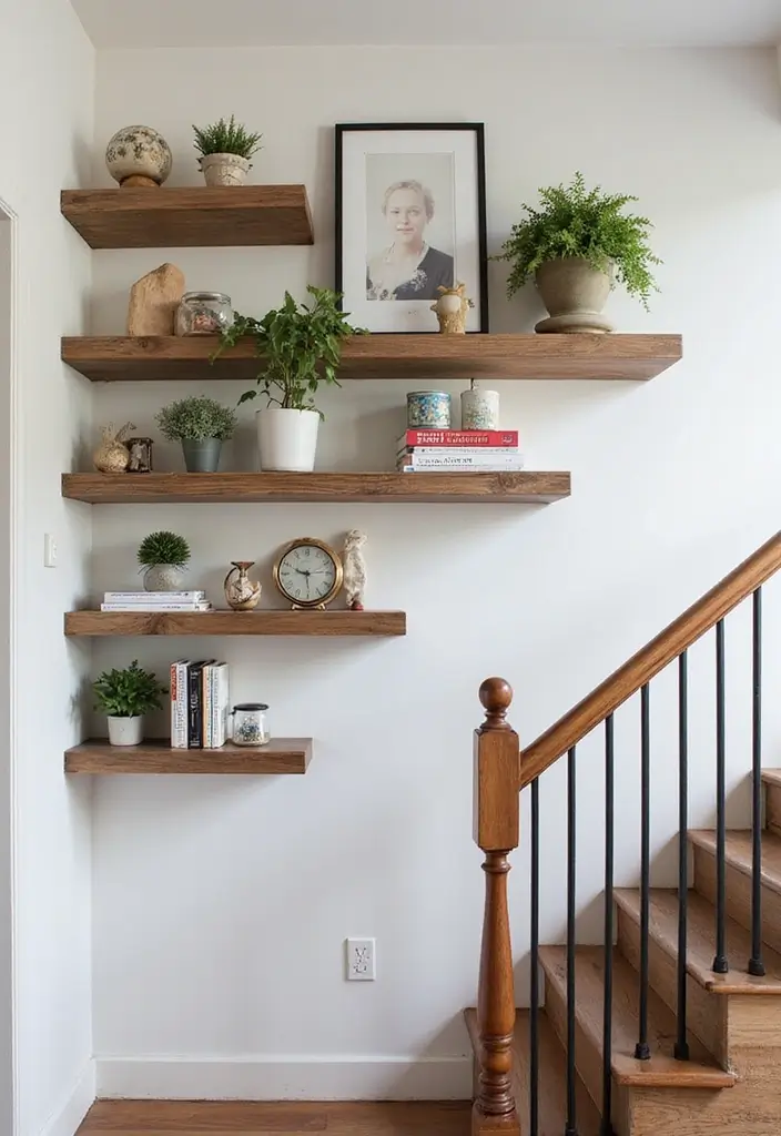 28+ Staircase Wall Designs That Make a Statement - 5. Floating Shelves with Decor