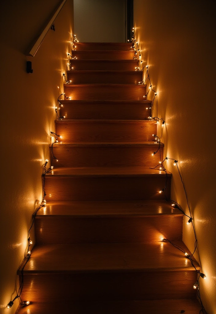 28+ Staircase Wall Designs That Make a Statement - 9. String Lights for Ambiance