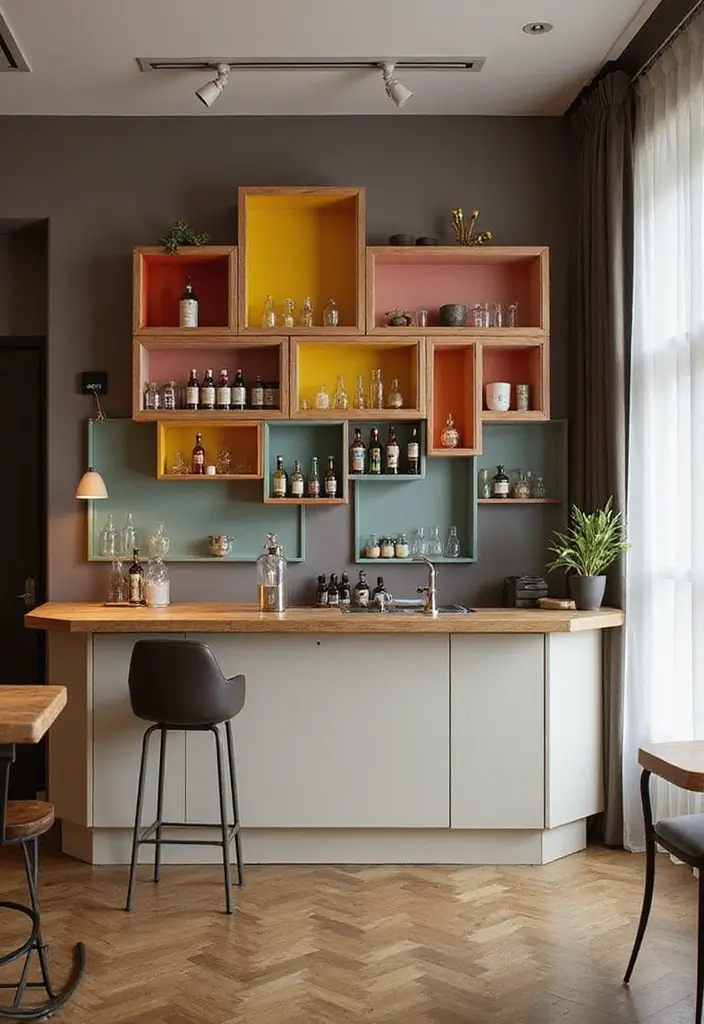 28+ Wall Bar Ideas for a Stylish Home Lounge - 17. Geometric Shelving