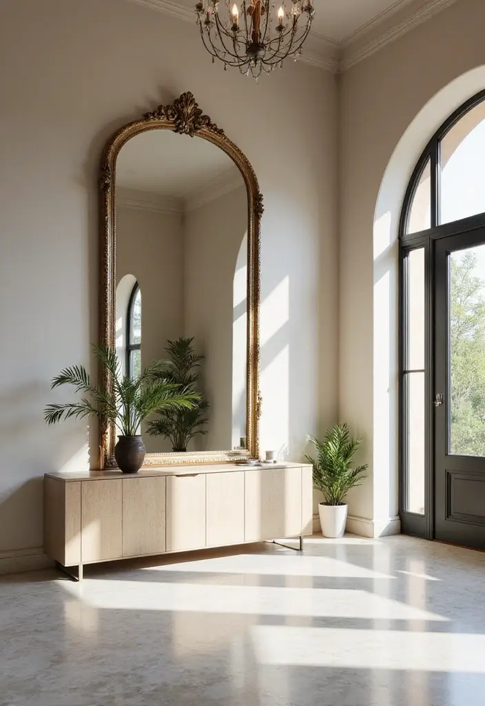 29+ Foyer Wall Ideas That Impress Instantly - 2. Large Statement Mirrors