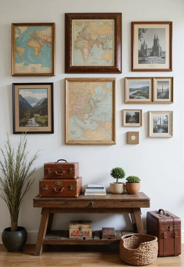 29+ Foyer Wall Ideas That Impress Instantly - 24. Travel-Inspired Decor