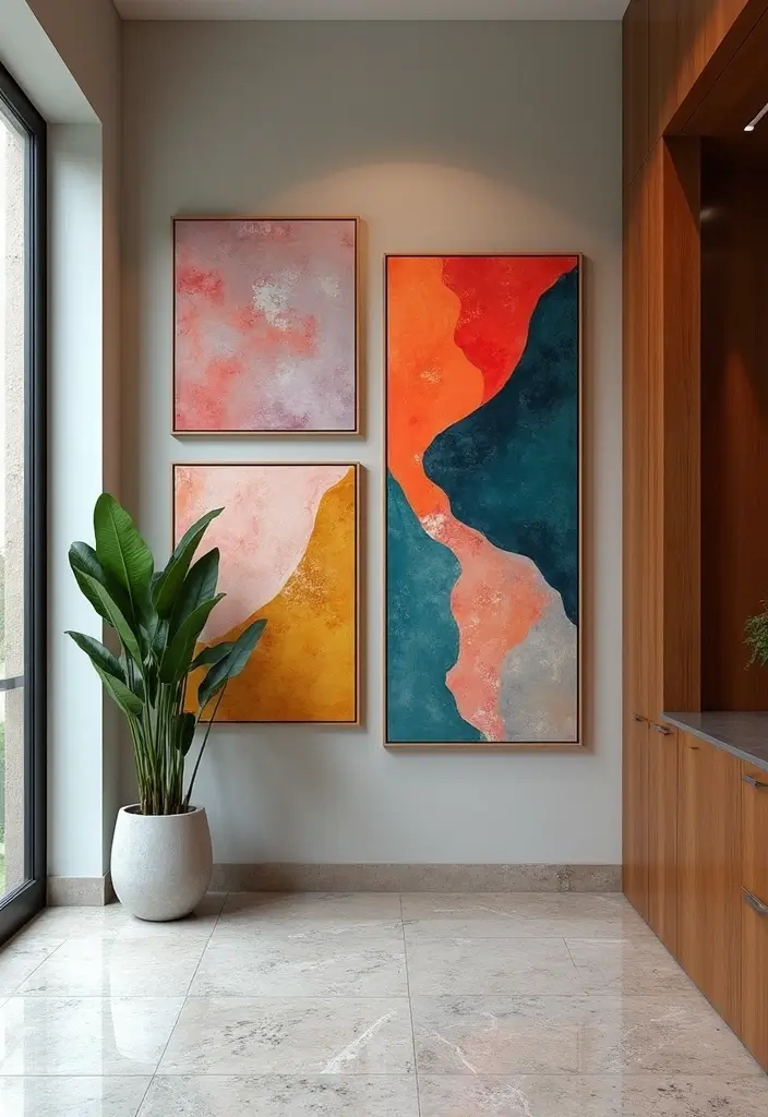 29+ Foyer Wall Ideas That Impress Instantly - 26. Abstract Art for Modern Appeal
