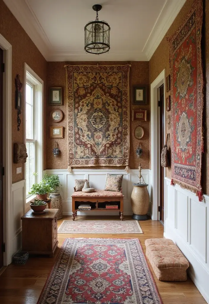 29+ Foyer Wall Ideas That Impress Instantly - 29. Layering with Textiles
