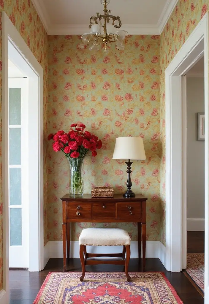 29+ Foyer Wall Ideas That Impress Instantly - 3. Bold Wallpaper for a Pop of Color