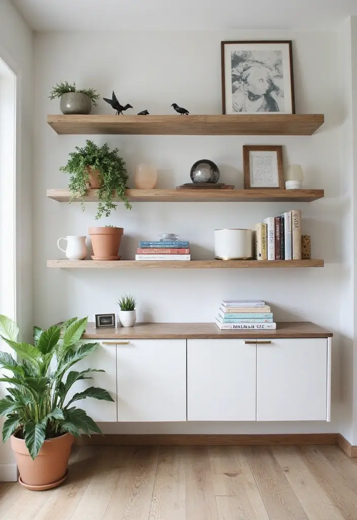 29+ Foyer Wall Ideas That Impress Instantly - 4. Floating Shelves for Style and Function