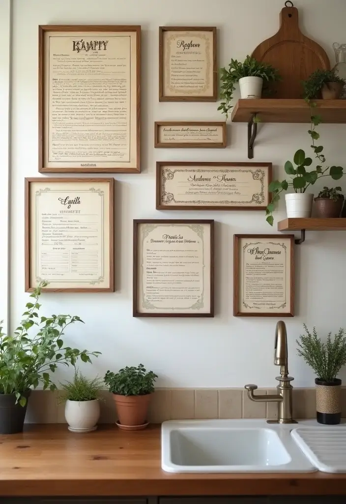 29+ Kitchen Wall Decor Ideas That Spark Joy - 14. Framed Recipe Art