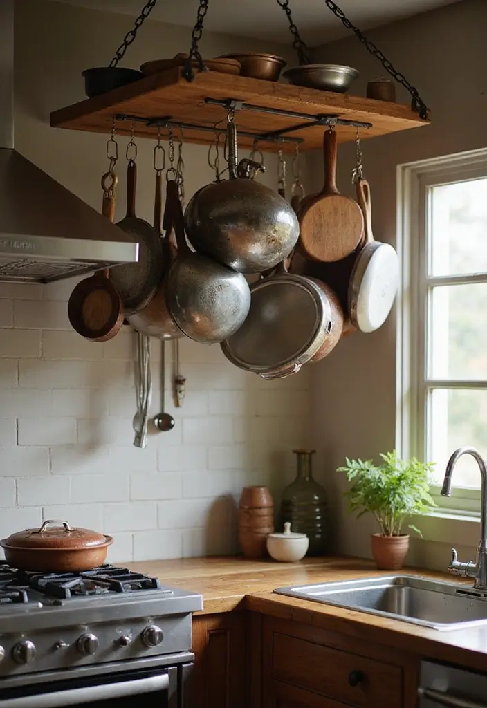 29+ Kitchen Wall Decor Ideas That Spark Joy - 18. Stylish Pot Racks