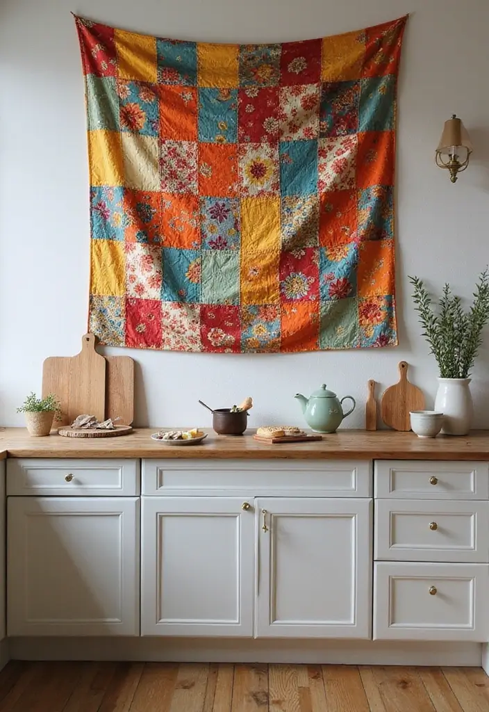 29+ Kitchen Wall Decor Ideas That Spark Joy - 21. Patchwork Fabric Wall Hanging