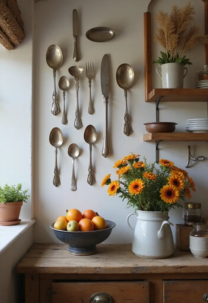29+ Kitchen Wall Decor Ideas That Spark Joy - 27. Vintage Silverware Art