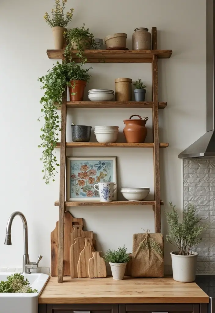 29+ Kitchen Wall Decor Ideas That Spark Joy - 5. Upcycled Wood Ladder Display