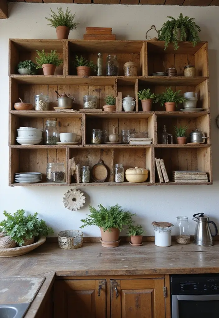 29+ Kitchen Wall Decor Ideas That Spark Joy - 8. Vintage Wooden Crates