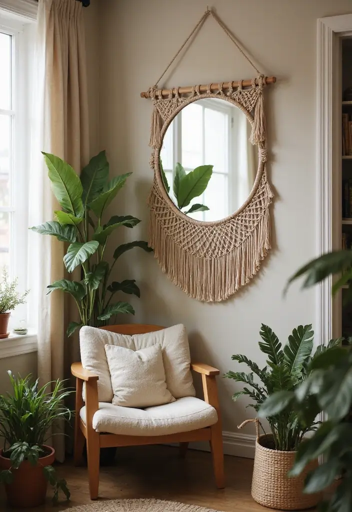 29+ Wall Mirror Ideas That Add Light and Space - 5. Bohemian Macrame Mirror
