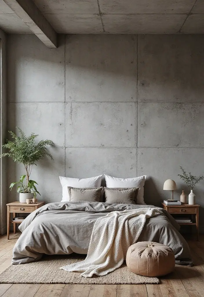 30+ Accent Wall Bedroom Designs That Feel Modern - 16. Concrete Wall for Industrial Chic
