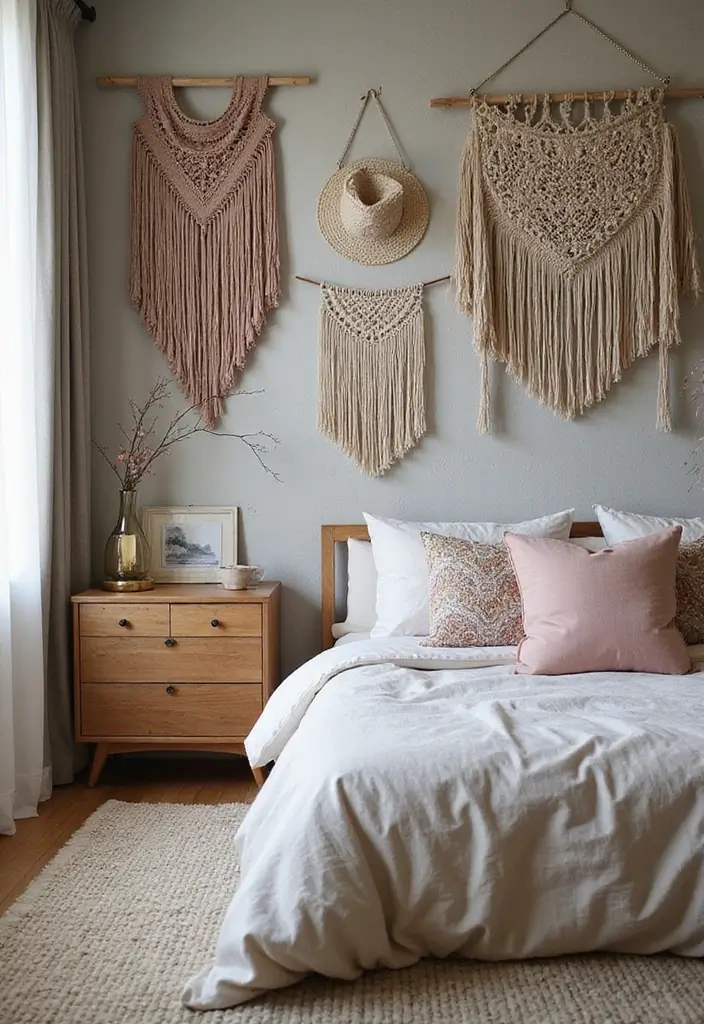 30+ Accent Wall Bedroom Designs That Feel Modern - 18. Artistic Wall Hangings