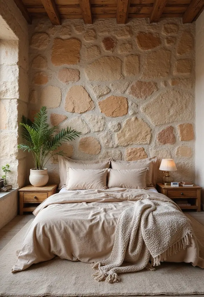 30+ Accent Wall Bedroom Designs That Feel Modern - 26. Natural Stone Features
