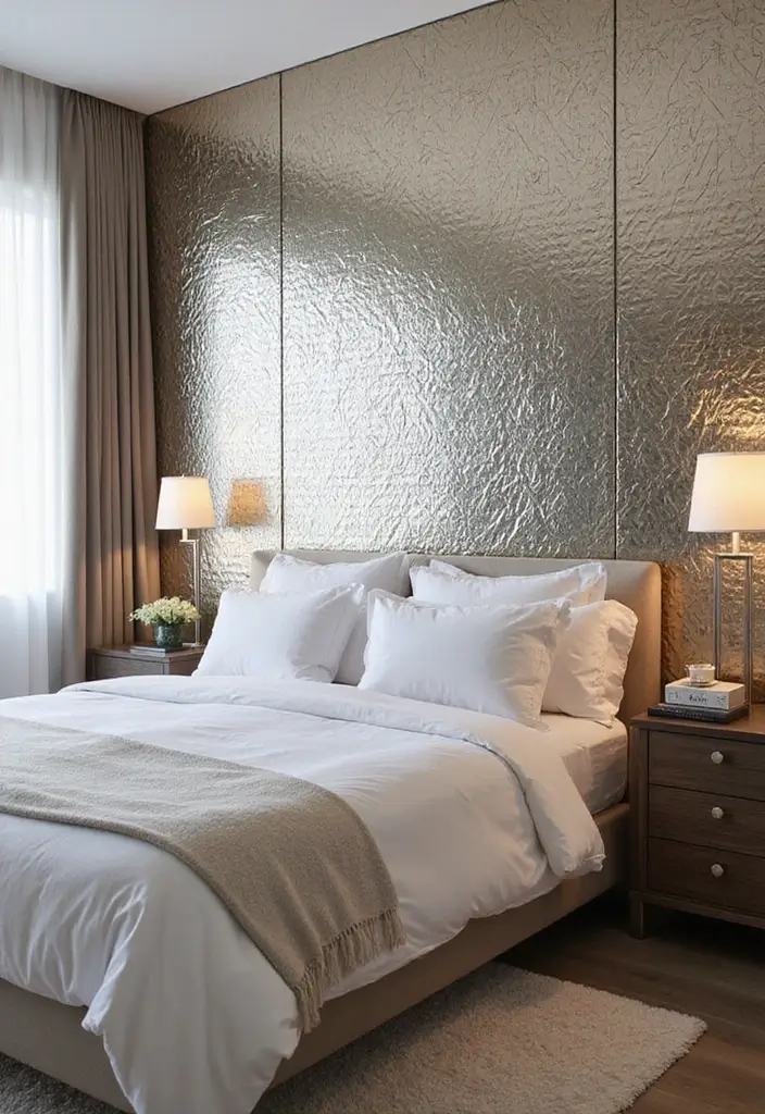 30+ Accent Wall Bedroom Designs That Feel Modern - 27. Reflective Foil Accents