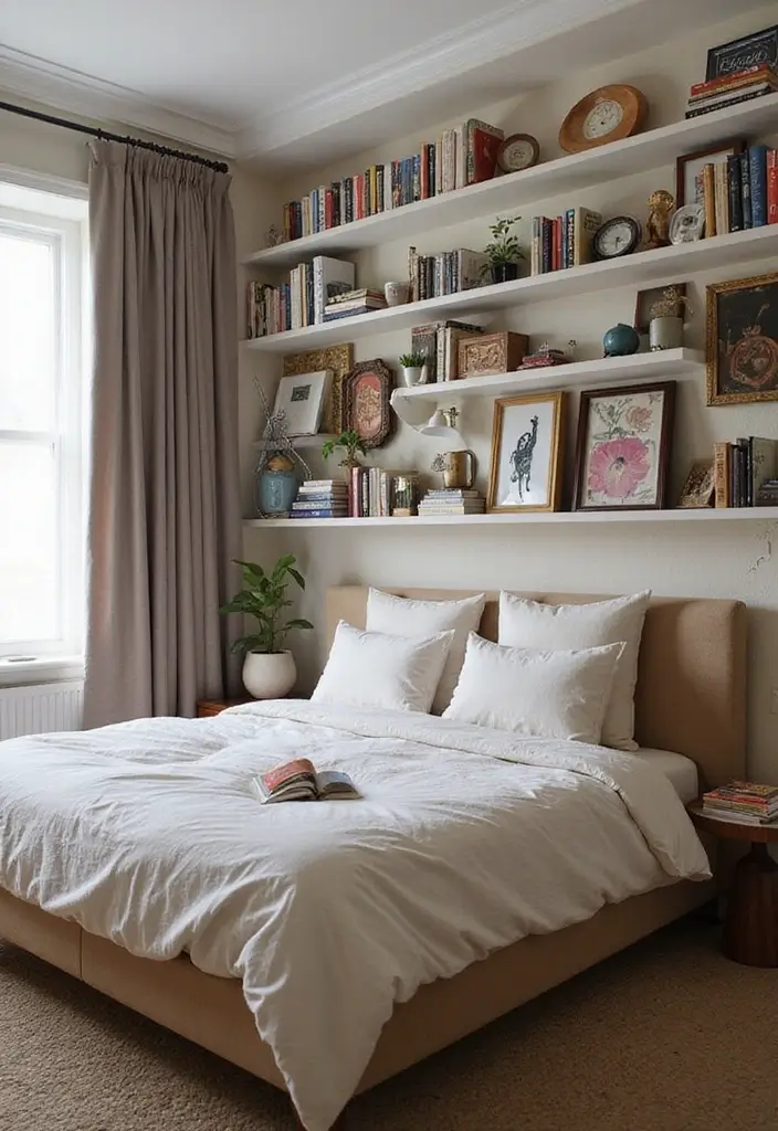 30+ Accent Wall Bedroom Designs That Feel Modern - 29. Eclectic Shelving Units