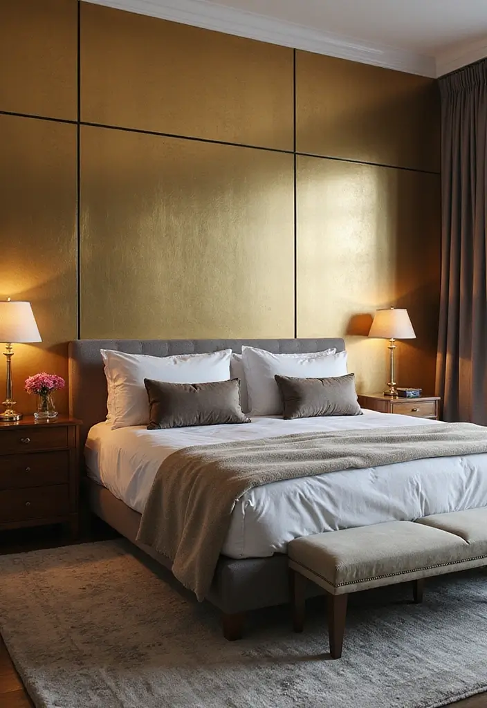 30+ Accent Wall Bedroom Designs That Feel Modern - 9. Striking Metallic Accents