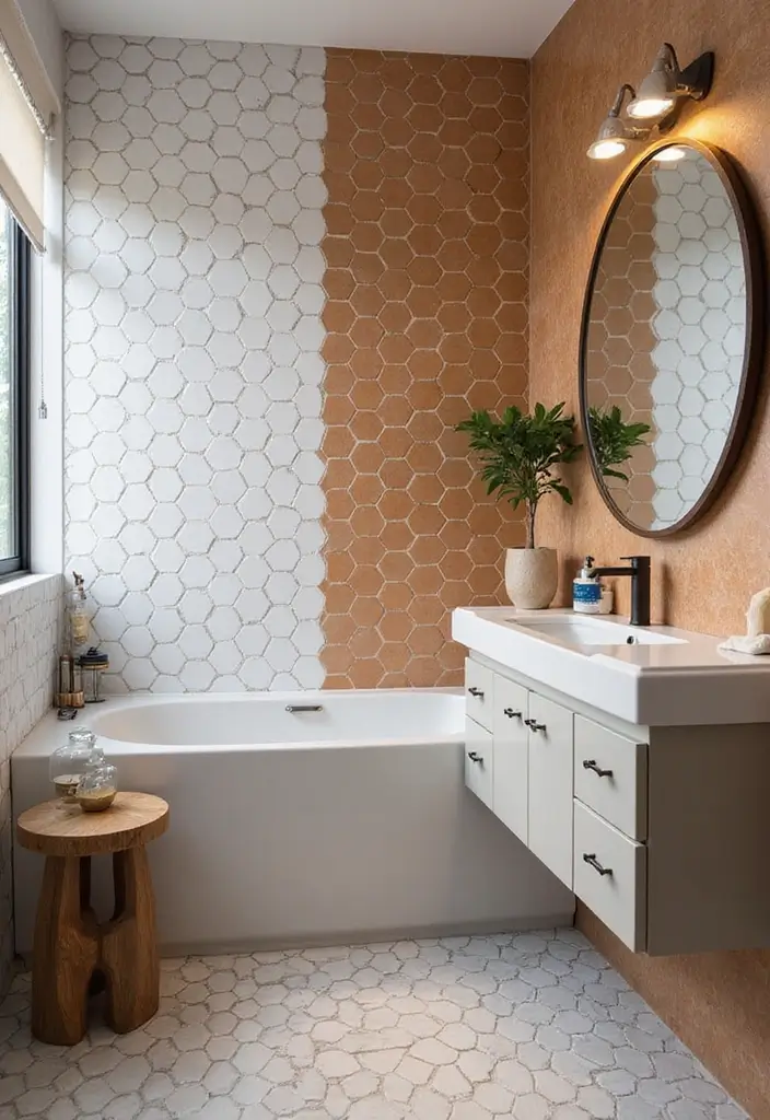 30+ Bathroom Accent Wall Inspirations That Feel Luxe - 11. Trendy Hexagon Tiles