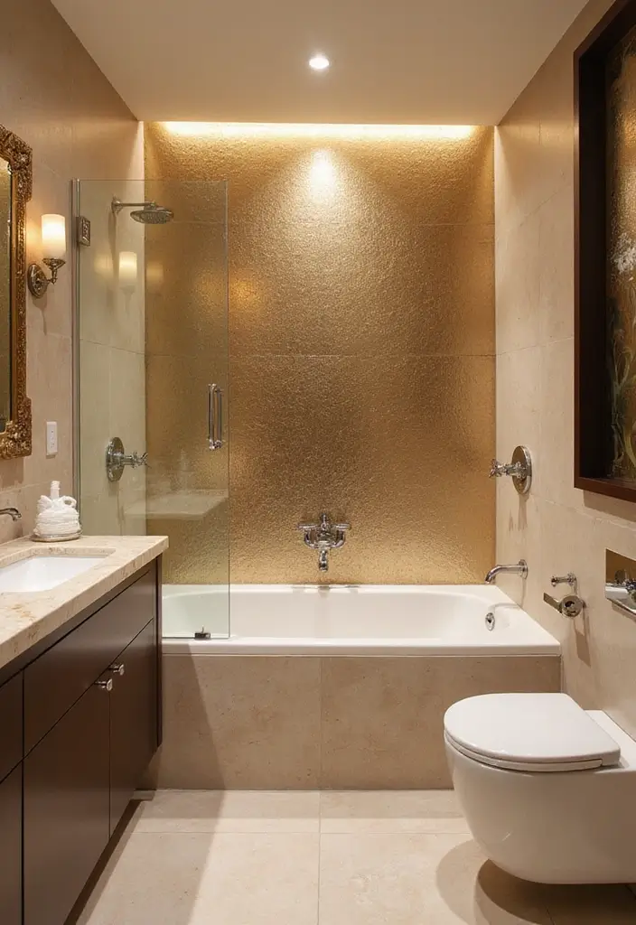 30+ Bathroom Accent Wall Inspirations That Feel Luxe - 20. Shiny Metallic Accents
