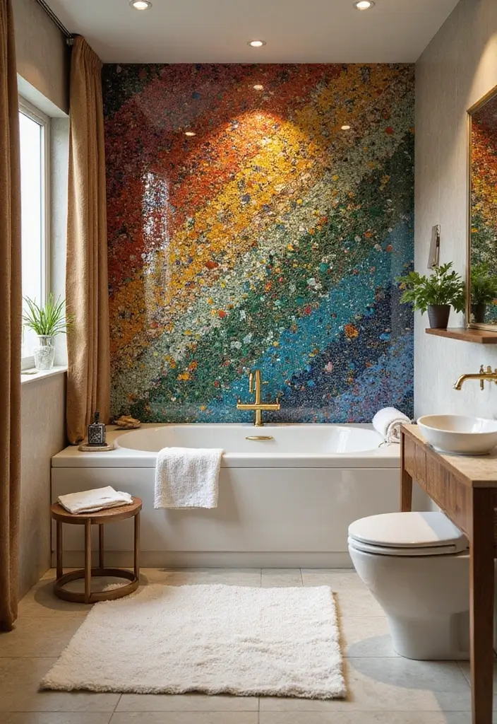 30+ Bathroom Accent Wall Inspirations That Feel Luxe - 22. Artistic Glass Mosaic