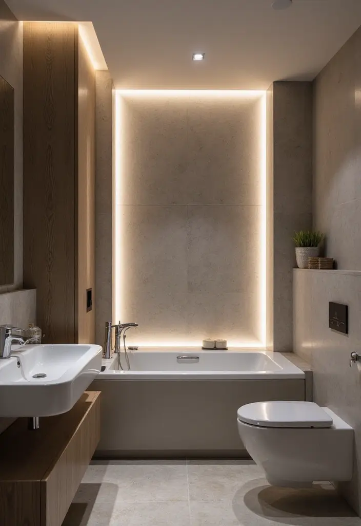 30+ Bathroom Accent Wall Inspirations That Feel Luxe - 27. Innovative LED Backlighting