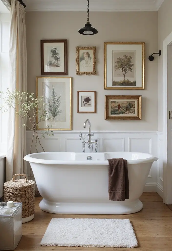 30+ Bathroom Accent Wall Inspirations That Feel Luxe - 29. Personal Touches with Art