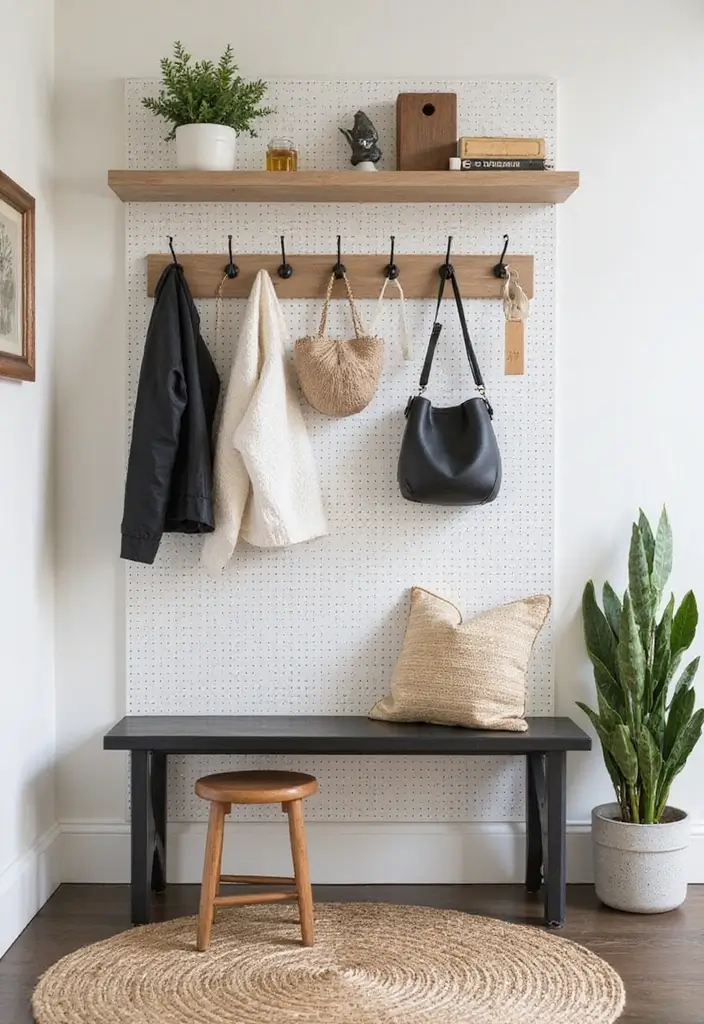 30+ Entryway Wall Ideas That Make a Bold First Impression - 11. Pegboards for Organization