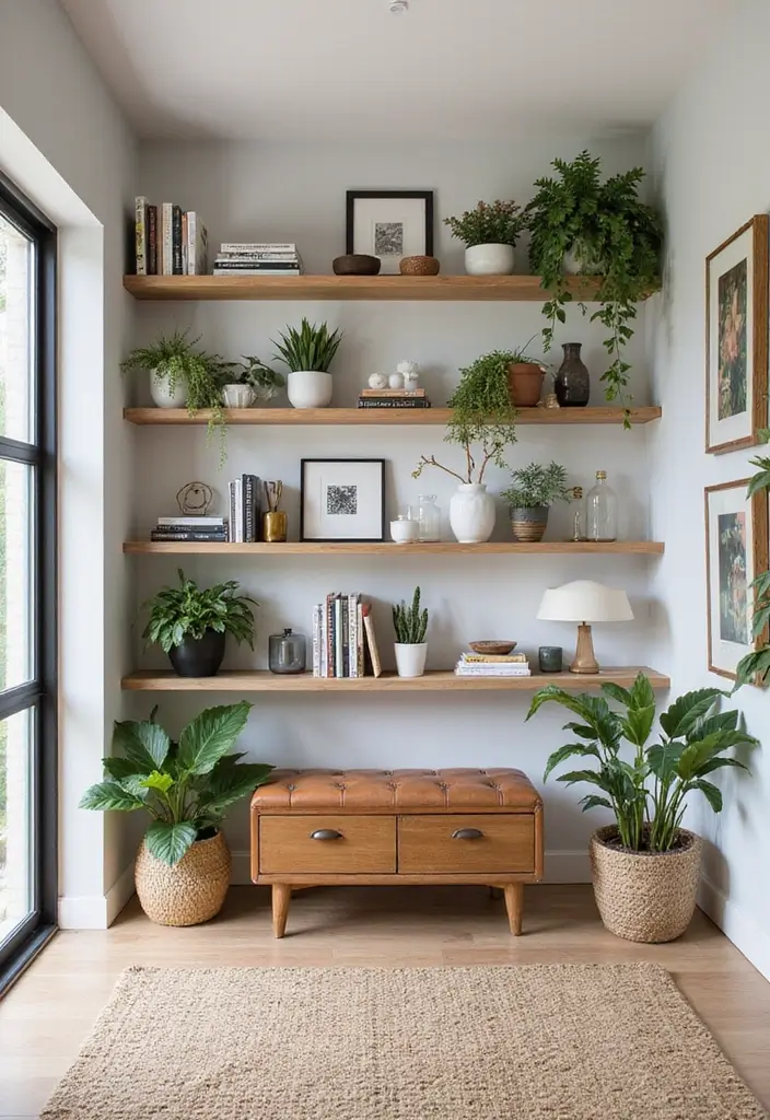 30+ Entryway Wall Ideas That Make a Bold First Impression - 13. Open Shelving
