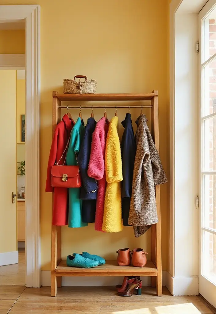 30+ Entryway Wall Ideas That Make a Bold First Impression - 15. Colorful Coat Racks
