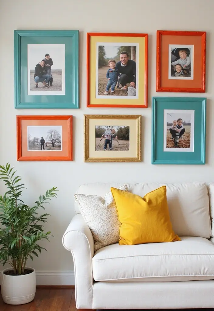 30+ Family Picture Wall Ideas That Feel Heartwarming - 14. Color Pop Accents
