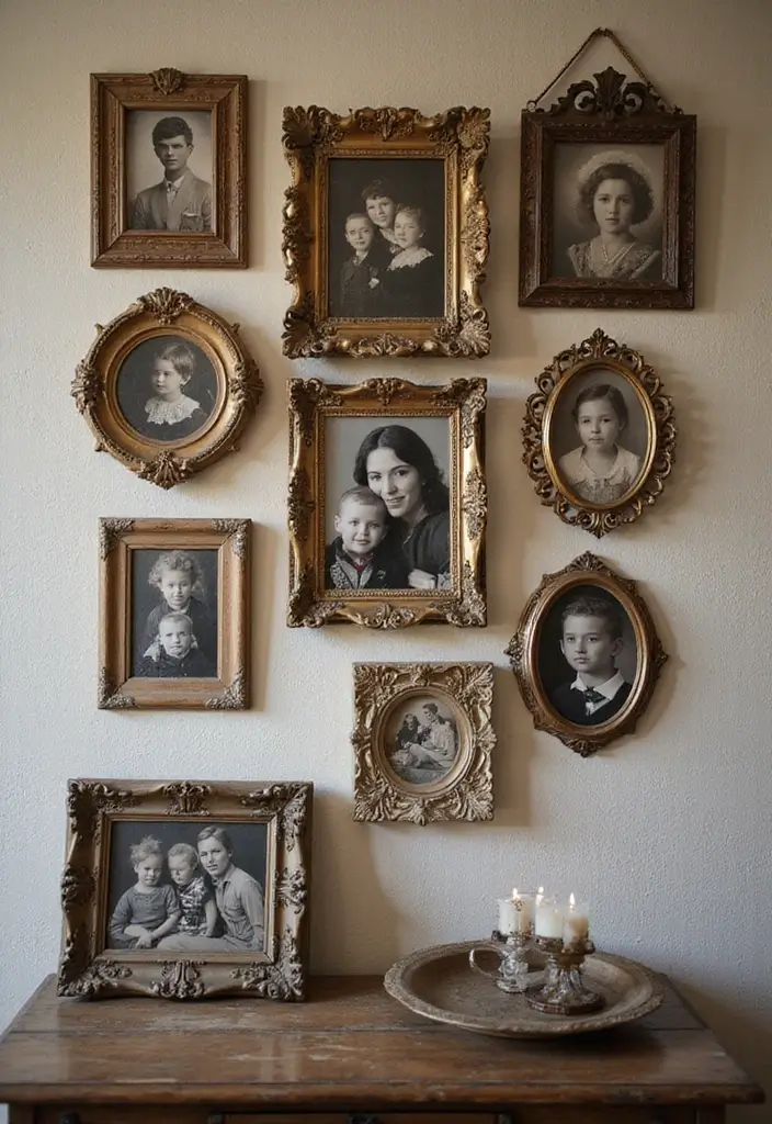 30+ Family Picture Wall Ideas That Feel Heartwarming - 19. Vintage Frames