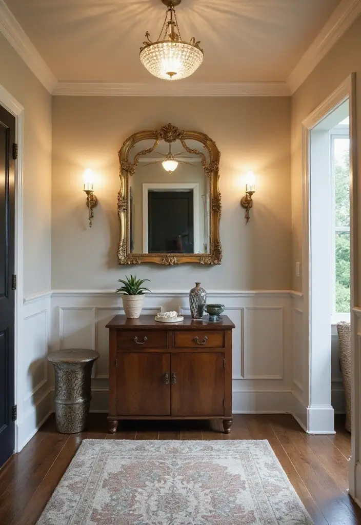 30+ Half Wall Panelling Inspirations That Add Character - 15. Vintage Mirrors