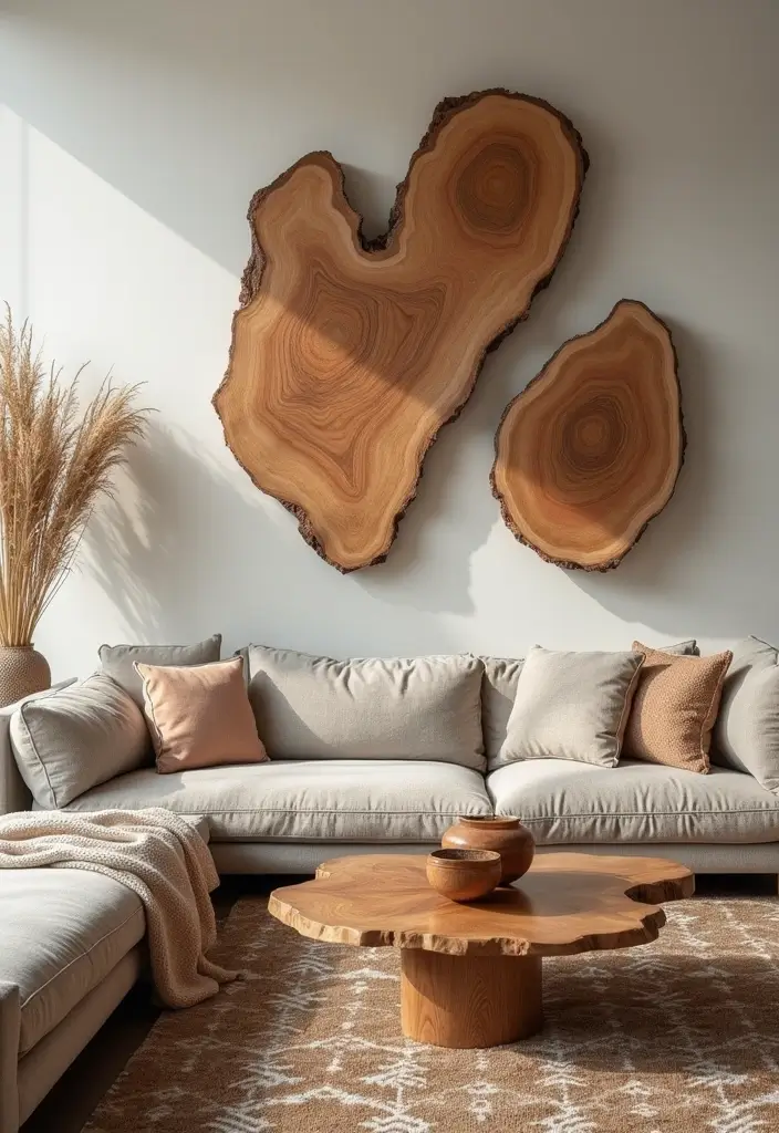 30+ Large Living Room Wall Decor Ideas That Feel Complete - 24. Live Edge Wood Decor