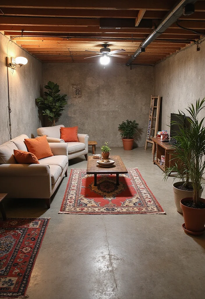 10 Concrete Basement Floor Ideas for Durable Modern Style - 10. Concrete with Area Rugs