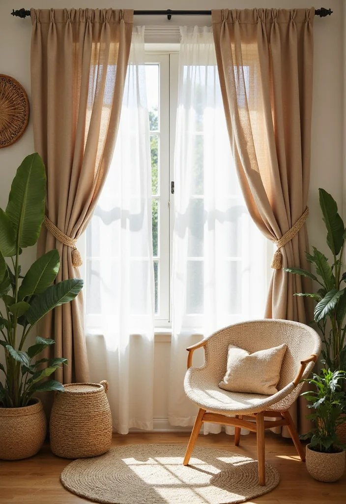 10 Curtain Draping Ideas for Soft Flowing Style - 8. Natural Elements for an Earthy Feel
