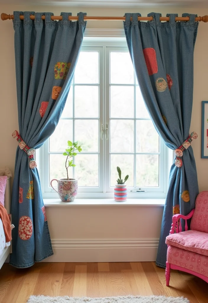 10 Curtain Tie Back Ideas for Neat Functional Detail - 2. Upcycled Denim Tie Backs