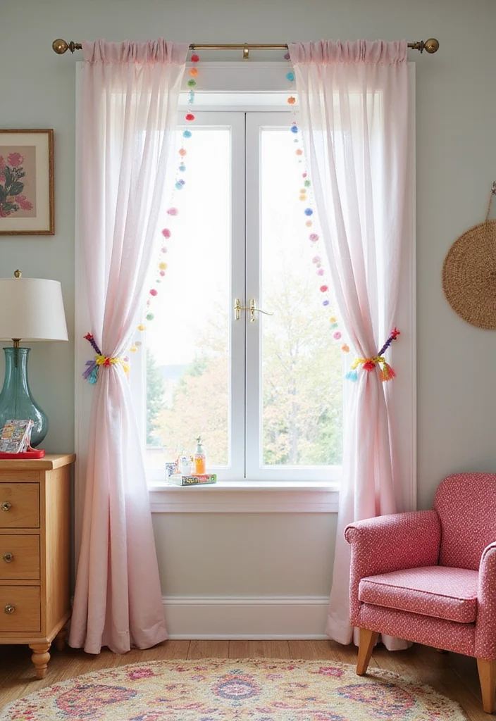 10 Curtain Tie Back Ideas for Neat Functional Detail - 9. Colorful Pom Pom Tie Backs