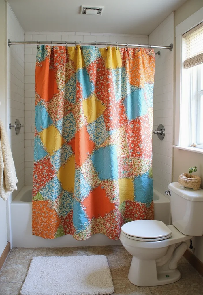 10 Double Shower Curtain Ideas for Full Balanced Framing - 3. Recycled Fabric Fun