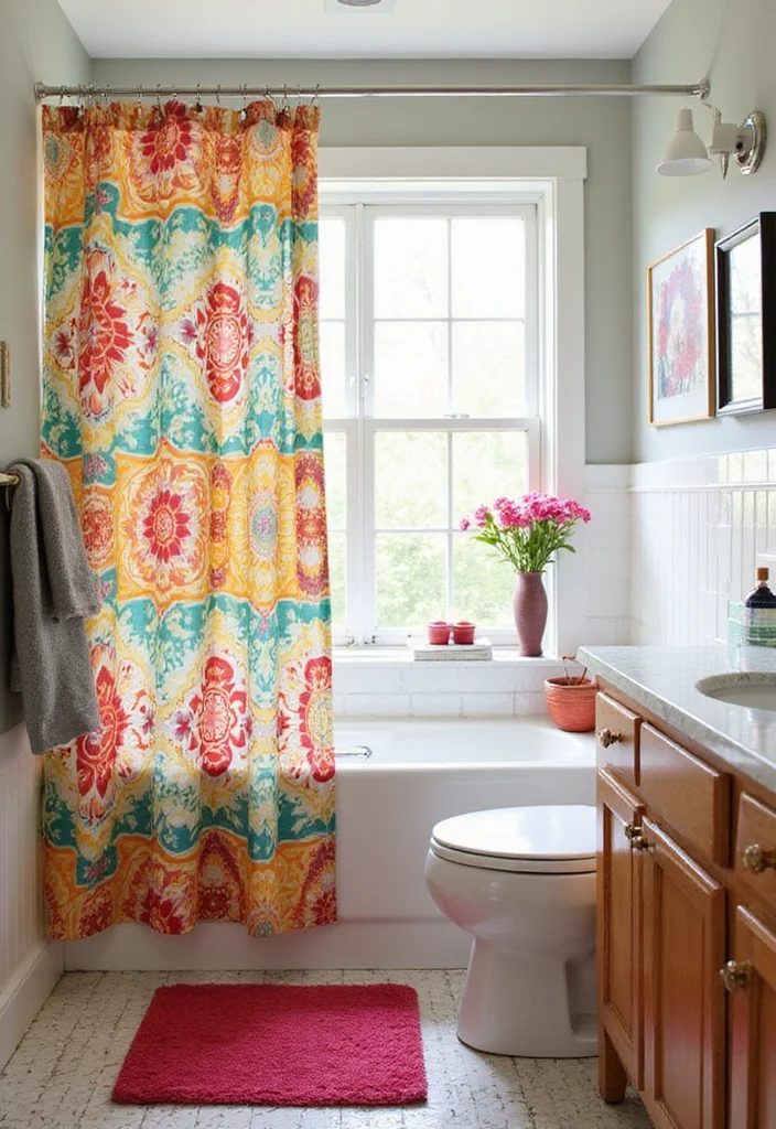 10 Double Shower Curtain Ideas for Full Balanced Framing - 6. Bright & Bold Colors