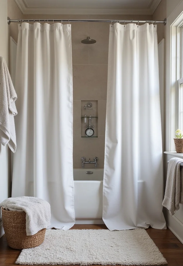 10 Double Shower Curtain Ideas for Full Balanced Framing - 7. Texture Play