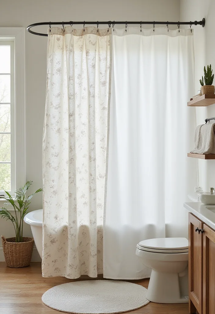 10 Double Shower Curtain Ideas for Full Balanced Framing - 9. Minimalist Botanical