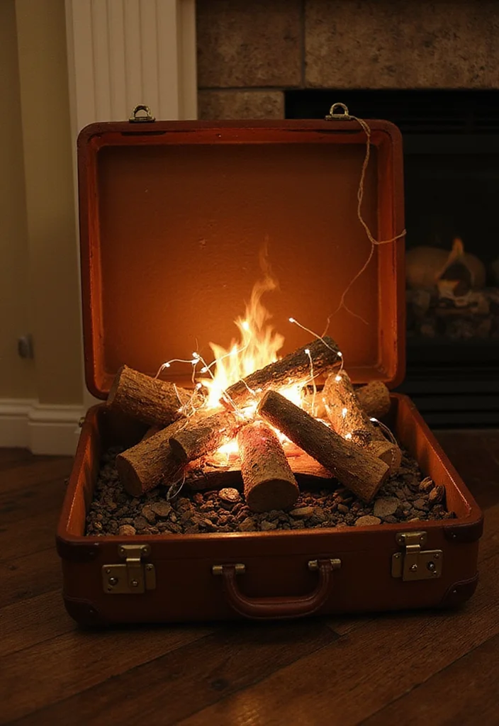 10 Faux Fireplace Ideas for Stylish No Heat Design - 7. Vintage Suitcase Fireplace