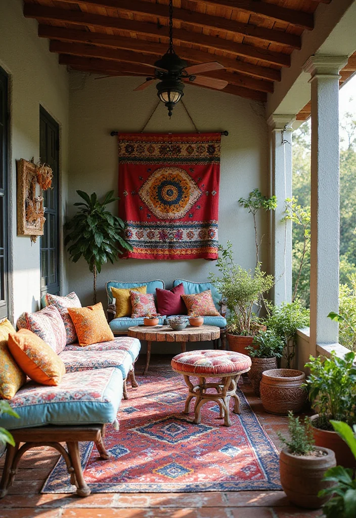 10 Front Closed Porch Ideas for Private All Season Use - 5. Colorful Bohemian Escape