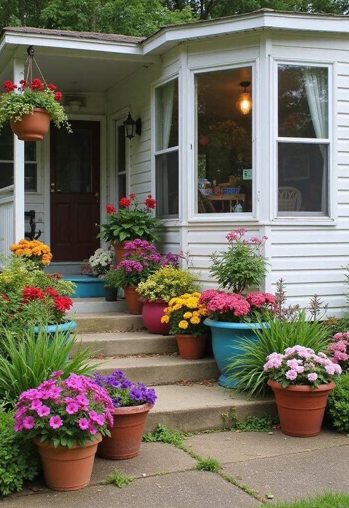 10 Mobile Home Front Porch Ideas for Charming Curb Appeal - 2. Flower Power with Planters